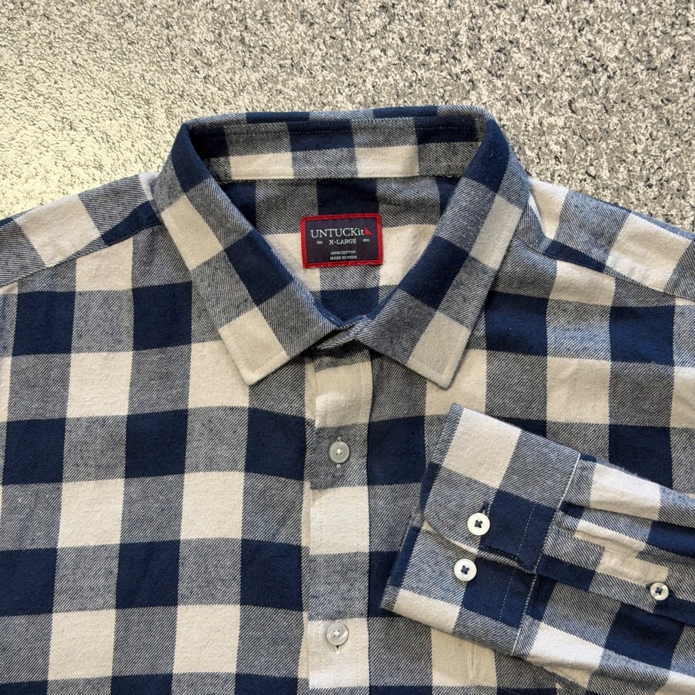 Untuckit Shirt Mens XL Button Down Long Sleeve Flannel Blue Grey Barrelstone